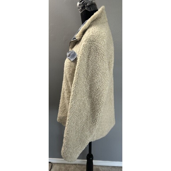 Women’s Pendleton Fleece Jacket M Full Zip Beige Sherpa Coat Blue Plaid Accent - Picture 2 of 8